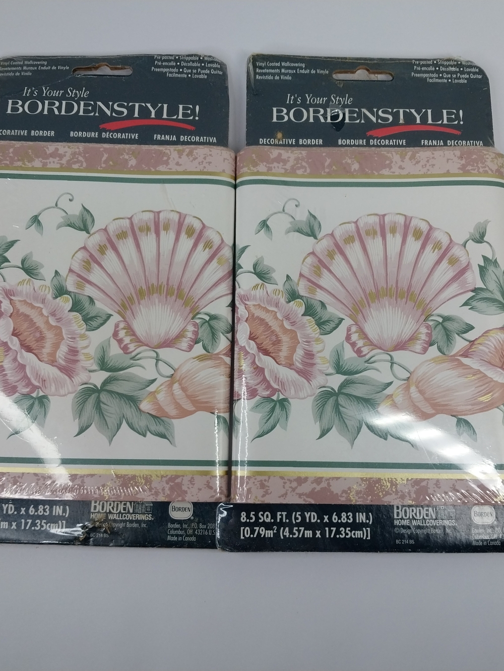 Vintage 90s Bordenstyle Wallpaper Border Pink Sea Shells Print 7”x 5 Yds.